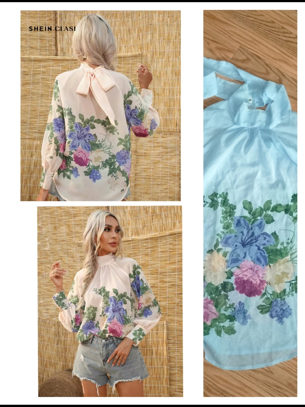 SHEIN Light Pink Floral Tie-Neck Blouse